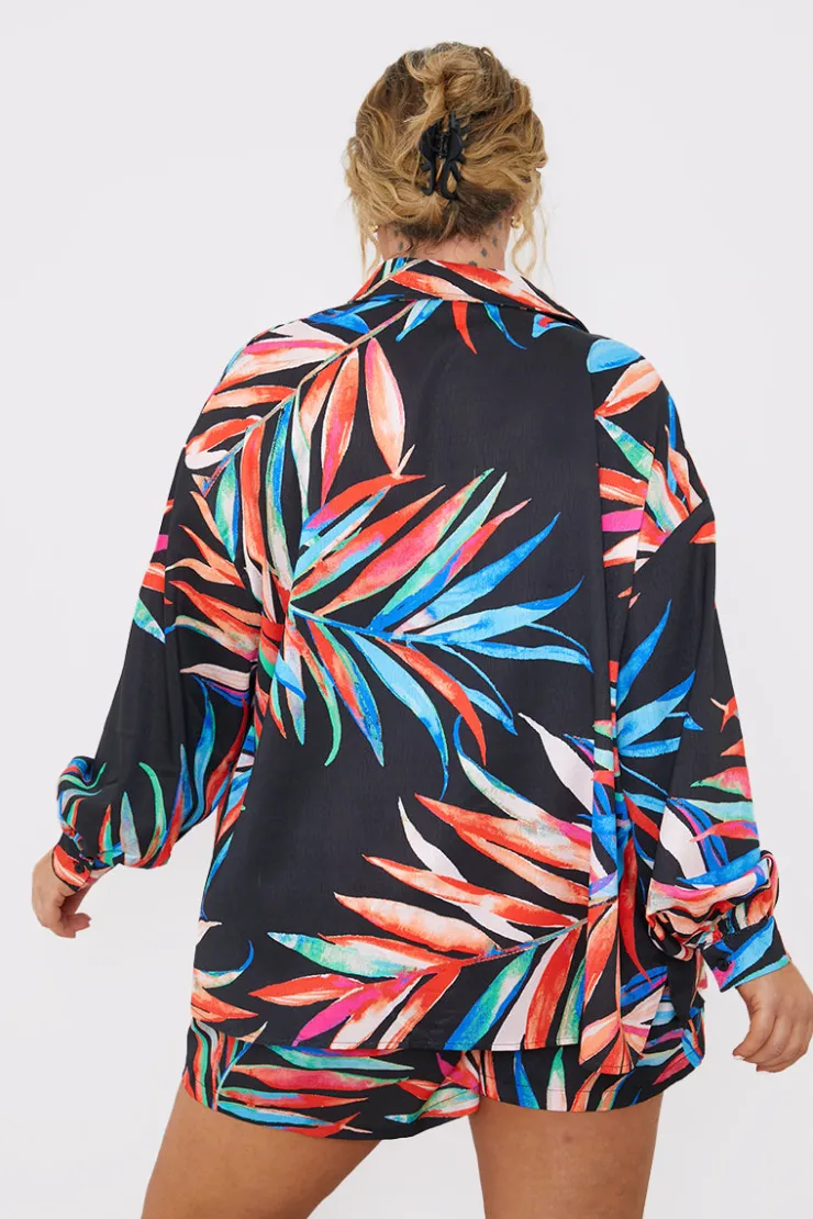 Hot In the Style Palm Print Co-Ord Beach Shirt Black