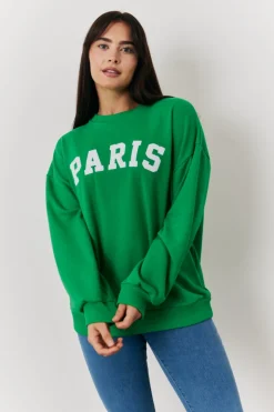 Online In the Style Paris Embroidered Slogan Sweatshirt Green