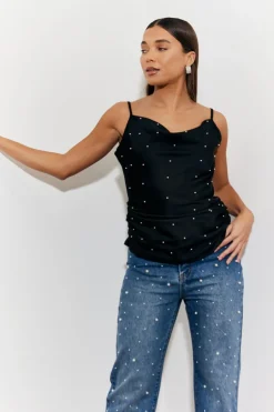 In The Style Pearl Embellished Cami Top Black