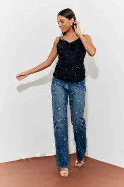 In The Style Pearl Embellished Cami Top Black