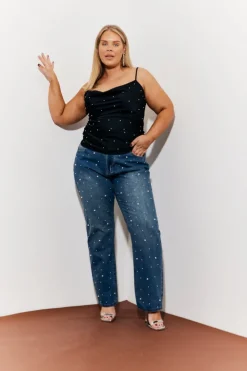 In The Style Pearl Embellished Cami Top Black