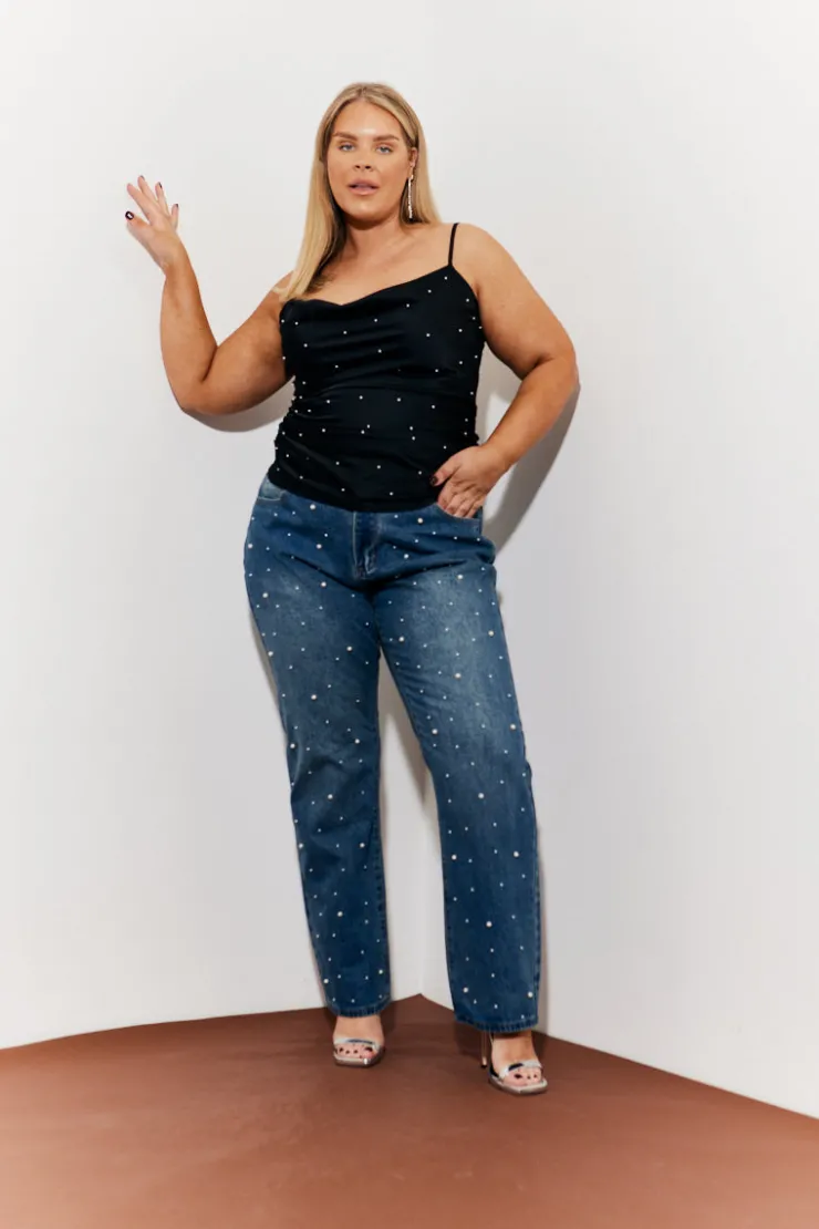 In The Style Pearl Embellished Cami Top Black