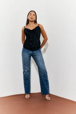 In The Style Pearl Embellished Jeans Blue