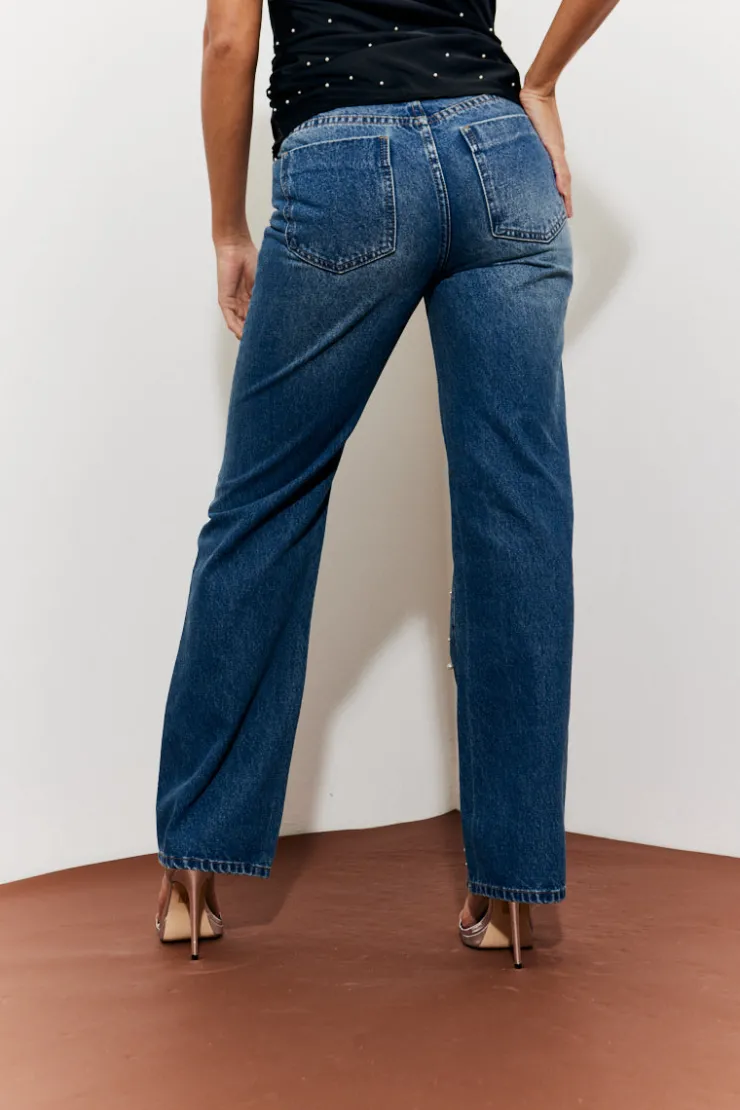 In The Style Pearl Embellished Jeans Blue