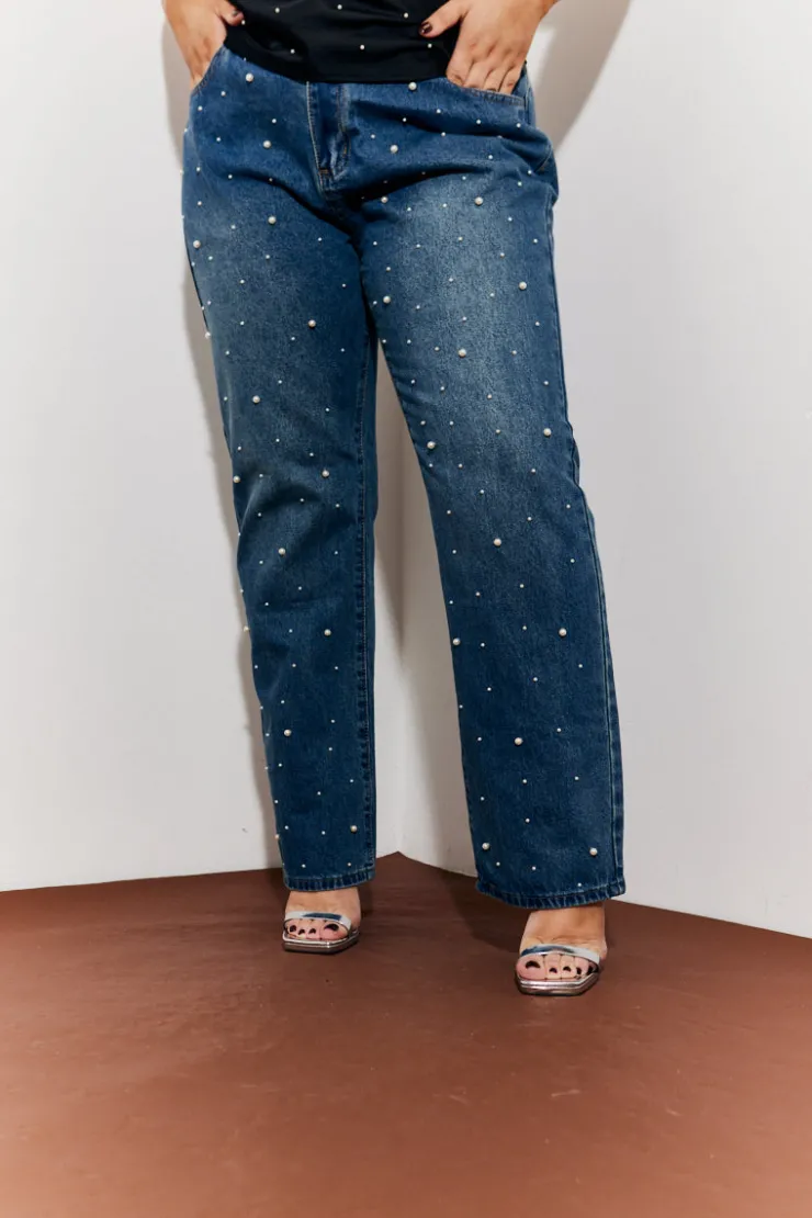 In The Style Pearl Embellished Jeans Blue