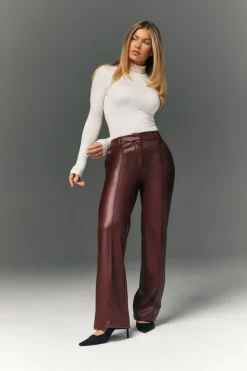 Online In The Style Perfect Sculpting High Waisted Leather Look Straight Leg Trouser Burgundy