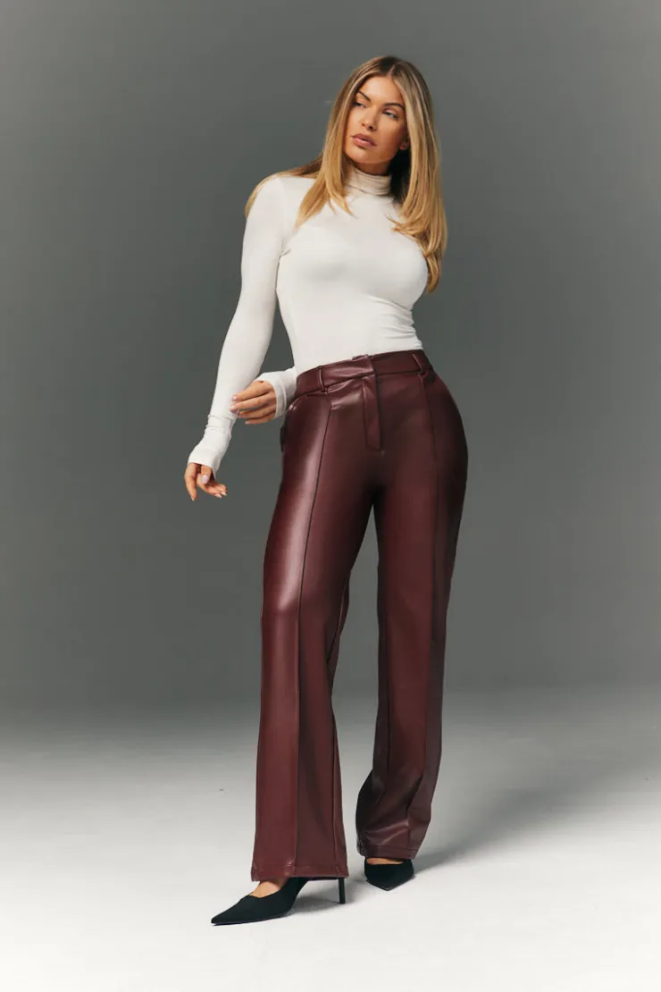 Online In The Style Perfect Sculpting High Waisted Leather Look Straight Leg Trouser Burgundy
