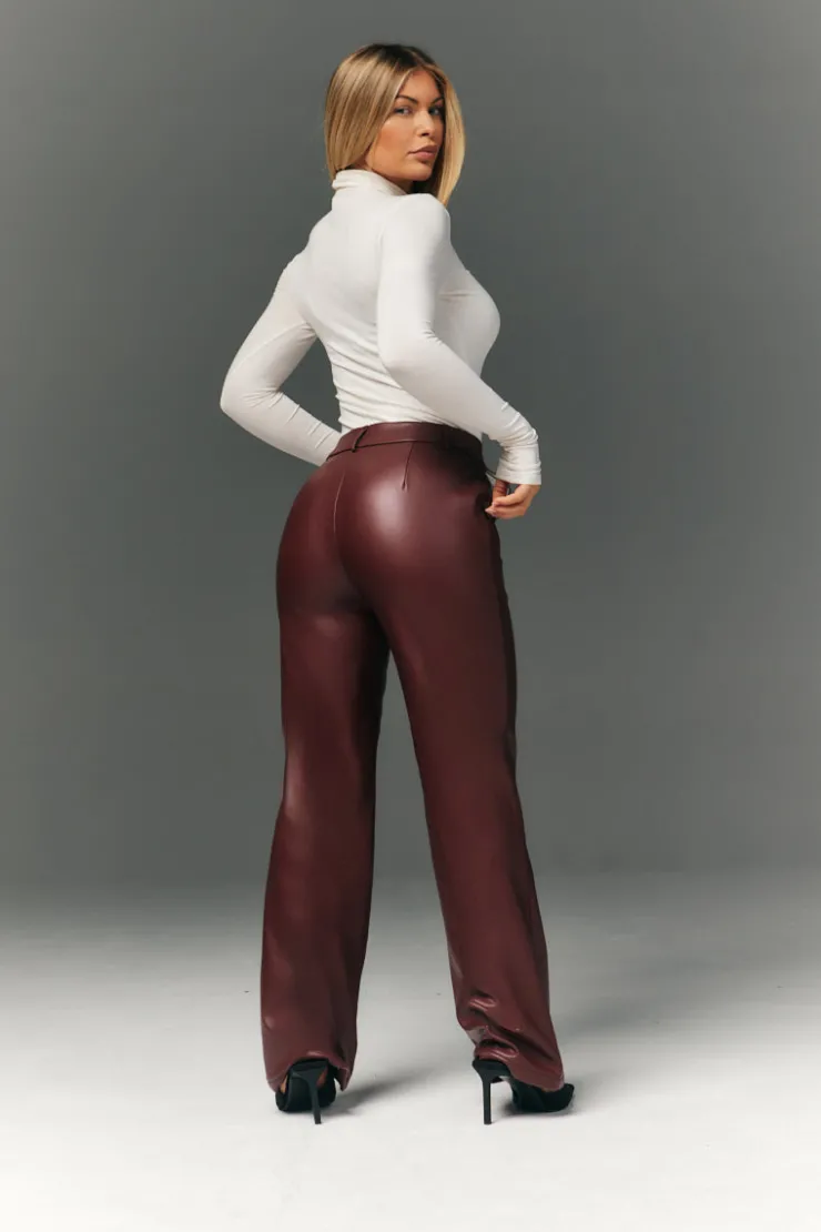 Online In The Style Perfect Sculpting High Waisted Leather Look Straight Leg Trouser Burgundy
