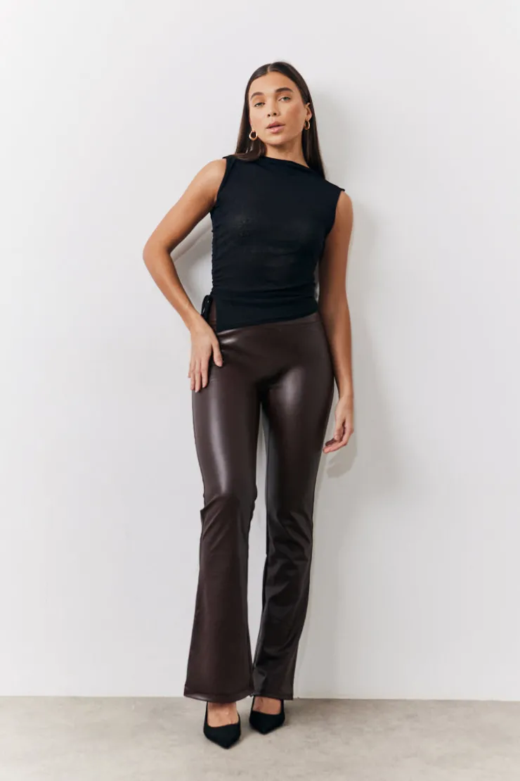 Sale In The Style Perfect Sculpting High Waisted Leather Look Flare Chocolate