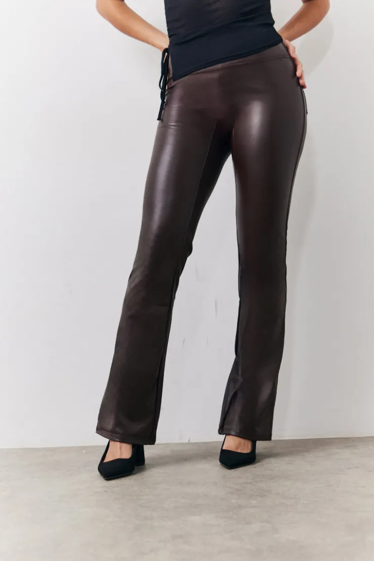 Sale In The Style Perfect Sculpting High Waisted Leather Look Flare Chocolate