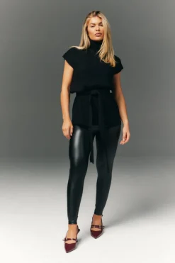 Discount In The Style Perfect Sculpting High Waisted Leather Look Leggings With Back Pocket Black