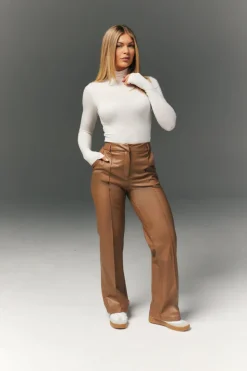 Discount In The Style Perfect Sculpting High Waisted Leather Look Straight Leg Trouser Camel