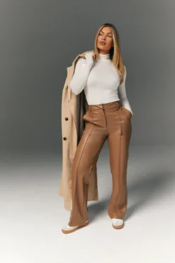 Discount In The Style Perfect Sculpting High Waisted Leather Look Straight Leg Trouser Camel