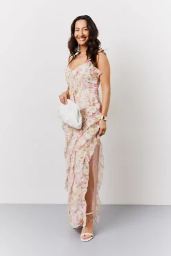 Discount In The Style Pink Floral Frill Detail Maxi Dress Multi
