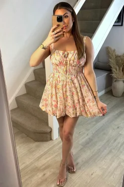 Sale In The Style Pink Floral Milkmaid Bubble Hem Mini Dress Multi