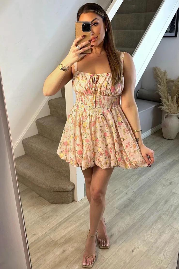 Sale In The Style Pink Floral Milkmaid Bubble Hem Mini Dress Multi