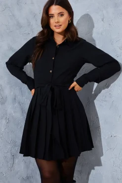 Online In the Style Pleated Shirt Dress Black