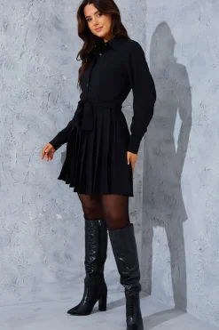 Online In the Style Pleated Shirt Dress Black