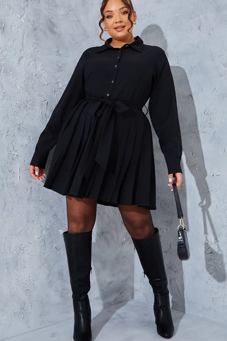 Online In the Style Pleated Shirt Dress Black