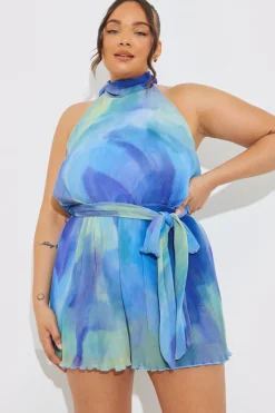 Sale In the Style Plisse Abstract Halterneck Belted Playsuit Blue
