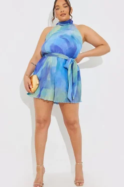 Sale In the Style Plisse Abstract Halterneck Belted Playsuit Blue