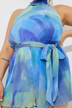 Sale In the Style Plisse Abstract Halterneck Belted Playsuit Blue
