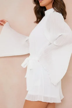 Clearance In the Style Plisse High Neck Tie Waist Playsuit White