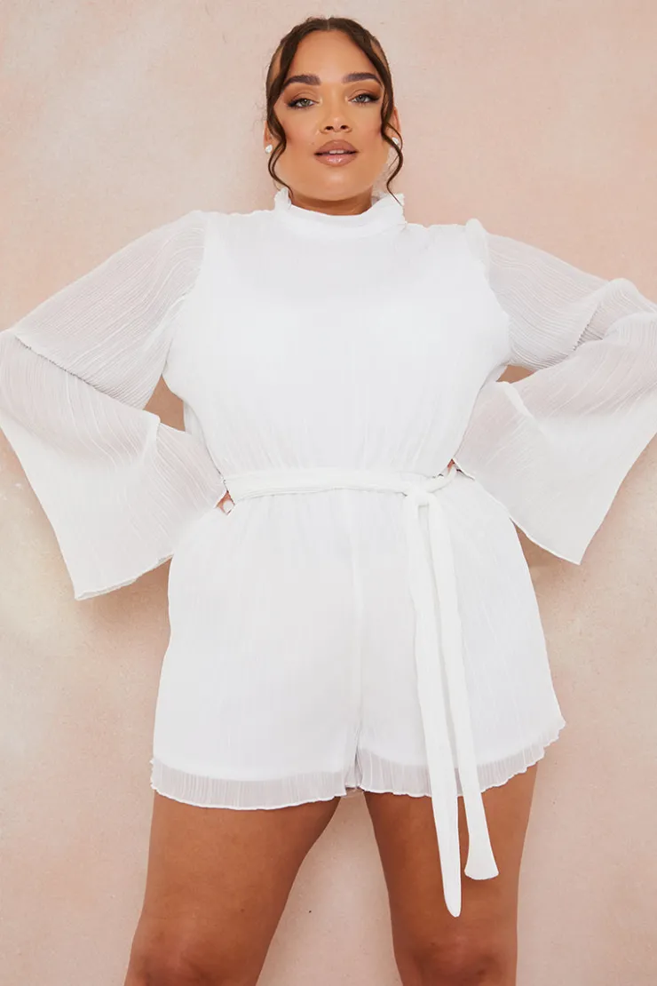 Clearance In the Style Plisse High Neck Tie Waist Playsuit White