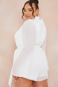Clearance In the Style Plisse High Neck Tie Waist Playsuit White