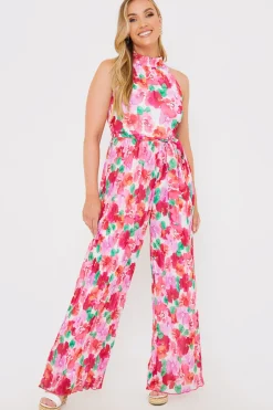 Online In the Style Plisse Sleeveless Wide Leg Jumpsuit Coral