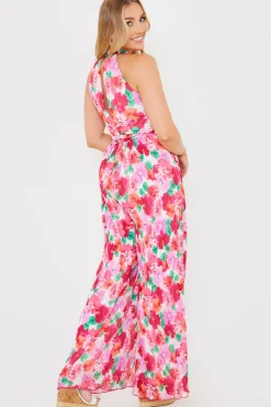 Online In the Style Plisse Sleeveless Wide Leg Jumpsuit Coral