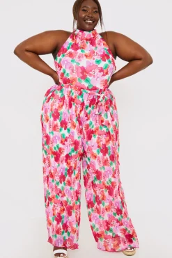Online In the Style Plisse Sleeveless Wide Leg Jumpsuit Coral