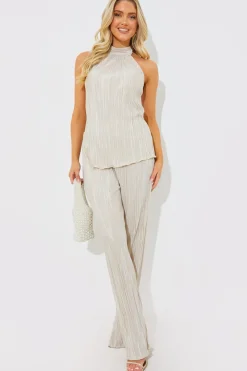 New In the Style Plisse Wide Leg Co-Ord Trousers Stone