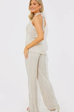 New In the Style Plisse Wide Leg Co-Ord Trousers Stone