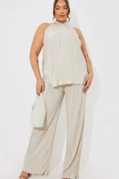 New In the Style Plisse Wide Leg Co-Ord Trousers Stone