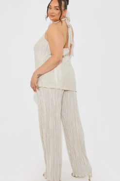 New In the Style Plisse Wide Leg Co-Ord Trousers Stone