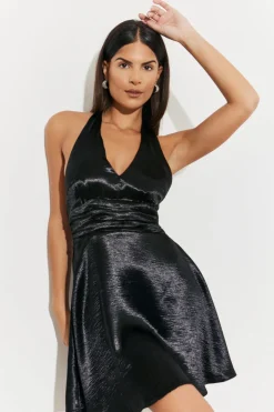 Best In the Style Plunge Halterneck Tie Back Satin Mini Dress Black