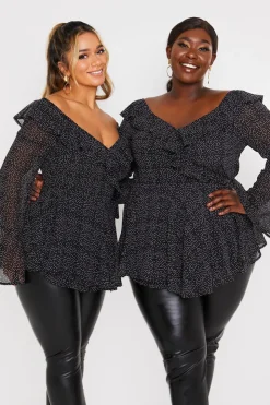 Outlet In the Style Polka Dot Print Off The Shoulder Top With Tie Waist Black