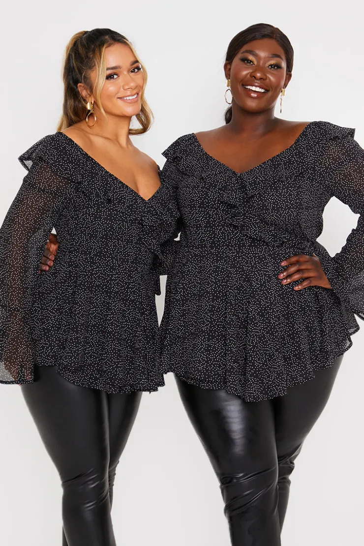 Outlet In the Style Polka Dot Print Off The Shoulder Top With Tie Waist Black
