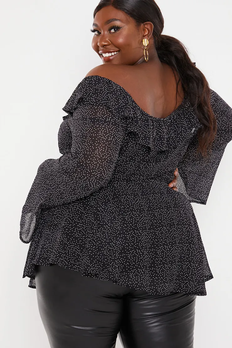 Outlet In the Style Polka Dot Print Off The Shoulder Top With Tie Waist Black