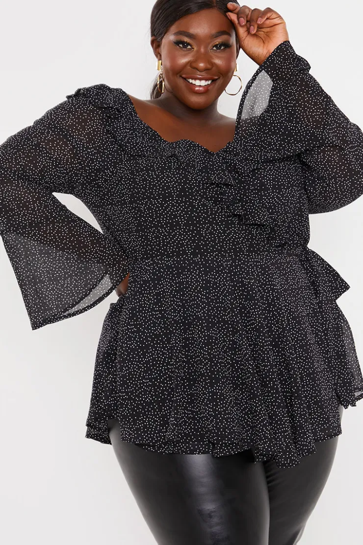 Outlet In the Style Polka Dot Print Off The Shoulder Top With Tie Waist Black