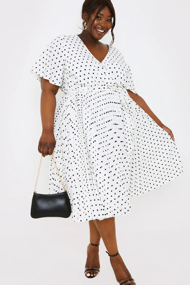 Sale In the Style Polka Dot Print Pleated Wrap Midi Dress