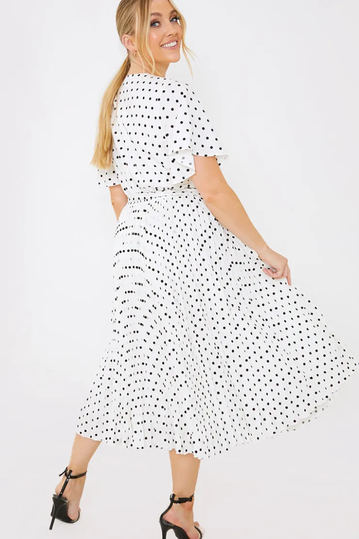 Sale In the Style Polka Dot Print Pleated Wrap Midi Dress