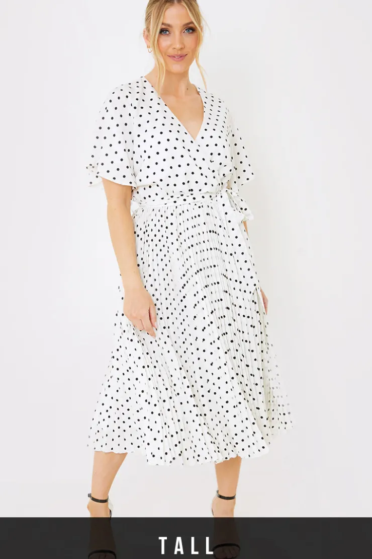 Sale In the Style Polka Dot Print Pleated Wrap Midi Dress