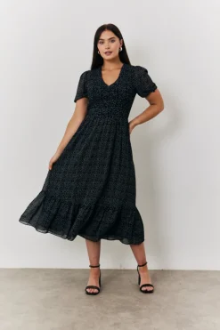 Discount In the Style Polka Dot V Neck Puff Sleeve Midaxi Dress Black