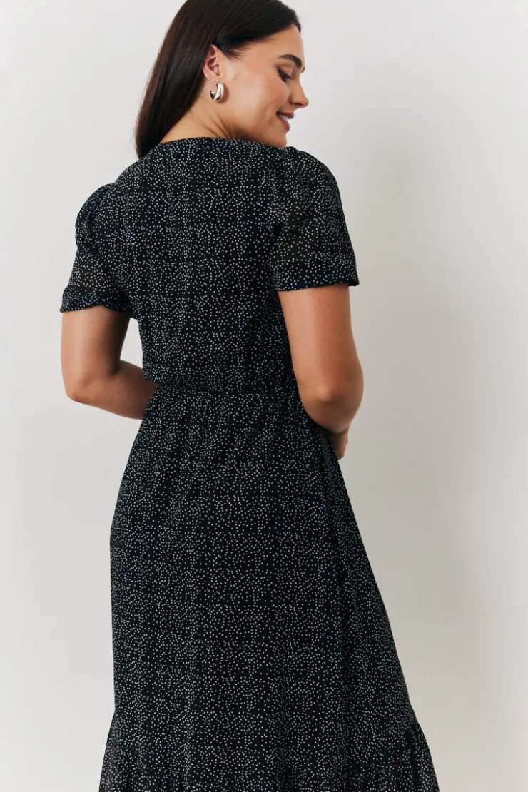Discount In the Style Polka Dot V Neck Puff Sleeve Midaxi Dress Black