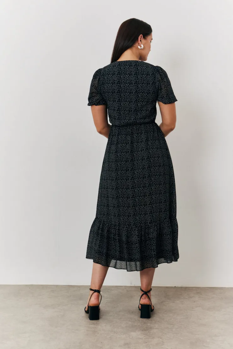 Discount In the Style Polka Dot V Neck Puff Sleeve Midaxi Dress Black