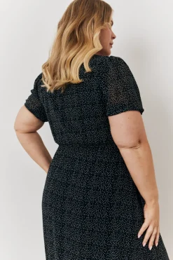 Discount In the Style Polka Dot V Neck Puff Sleeve Midaxi Dress Black