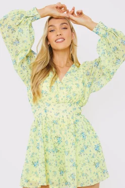 New In the Style Printed Balloon Sleeve Playsuit Yellow