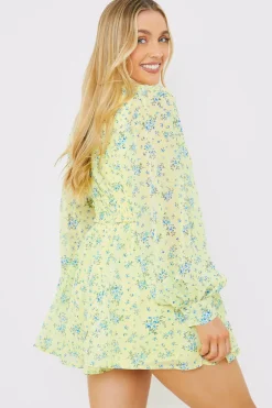 New In the Style Printed Balloon Sleeve Playsuit Yellow